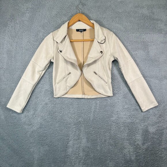 mine Jackets & Blazers - Mine Light Jacket Beige Faux Suede Open Front Zipper Hem Button Detail Jacket